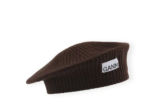 Accessories GANNI Hats Brown Structured Rib Beret Hot Fudge
