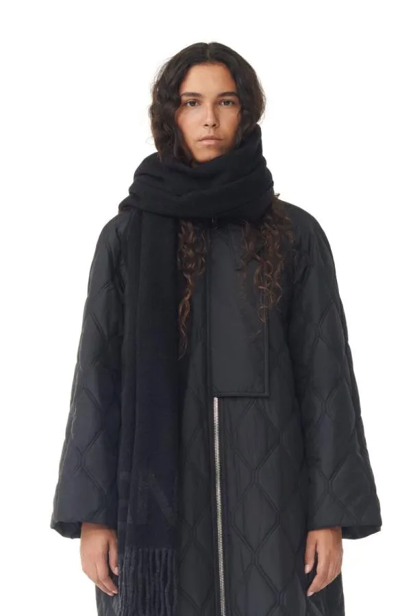 Accessories GANNI Scarves Black Fringed Wool Scarf Black Accessories GANNI Scarves Black Fringed Wool Scarf Black
