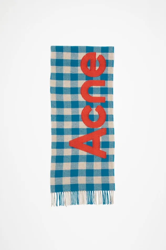 Acne Studios Check Logo Scarf Turquoise Blueorange Women Scarves