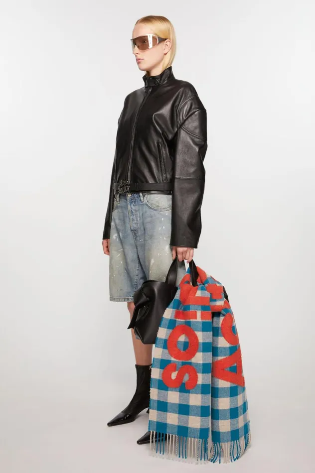 Acne Studios Check Logo Scarf Turquoise Blueorange Women Scarves
