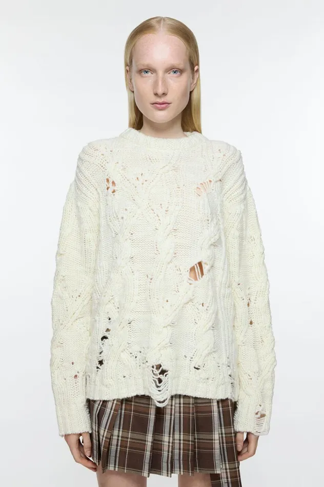 Acne Studios Distressed Cable Jumper Pale Beige Women Knitwear
