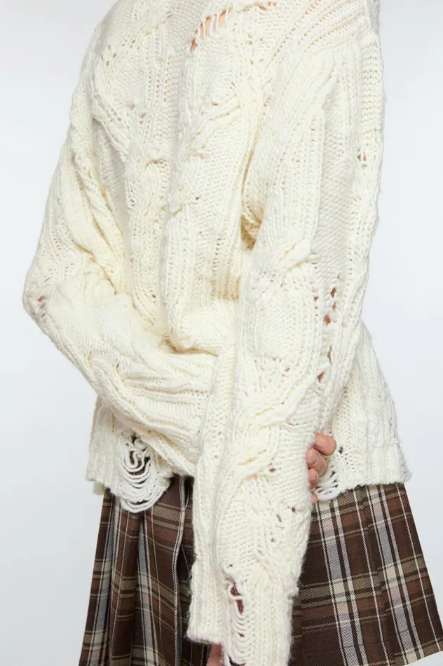 Acne Studios Distressed Cable Jumper Pale Beige Women Knitwear