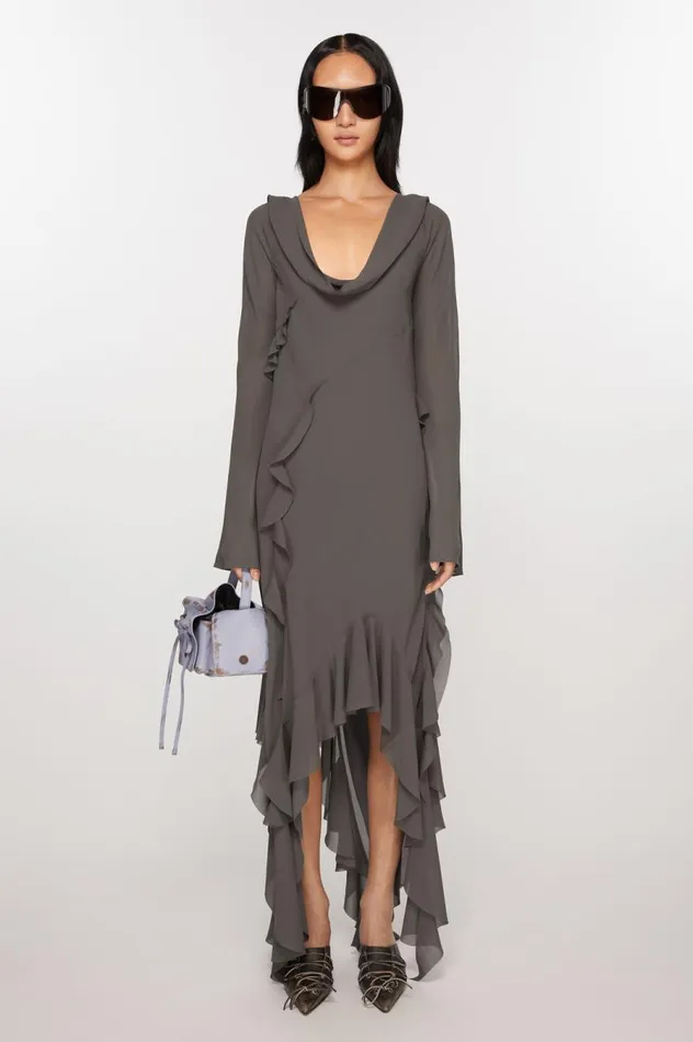 Acne Studios Drape Ruffle Dress Anthracite Grey Women Dresses