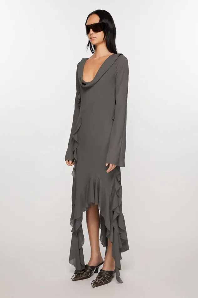 Acne Studios Drape Ruffle Dress Anthracite Grey Women Dresses