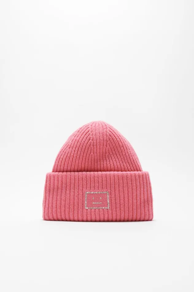 Acne Studios Embellished Face Logo Beanie Tango Pink Men Face Collection