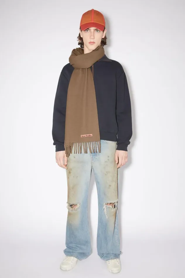 Acne Studios Fringe Wool Scarf Narrow Caramel Brown Men Scarves