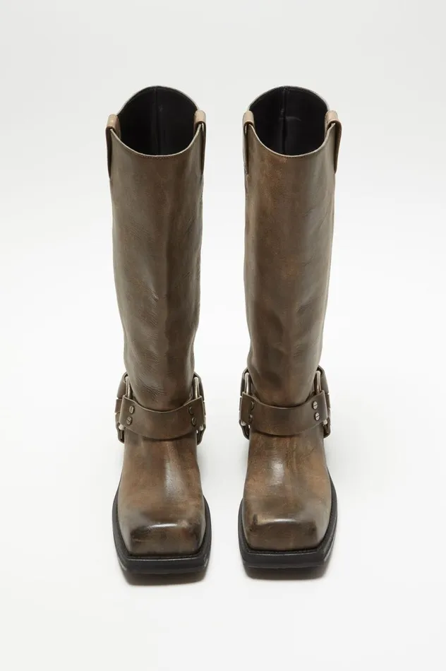 Acne Studios Leather Buckle Boots Greige Women Shoes