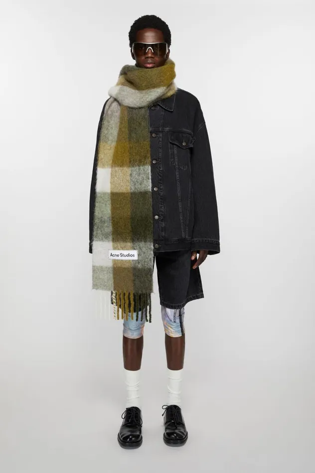 Acne Studios Mohair Checked Scarf Taupegreenblack Men Scarves