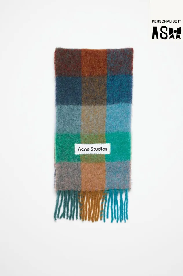 Acne Studios Mohair Checked Scarf Turquoisecamelblue Men Scarves