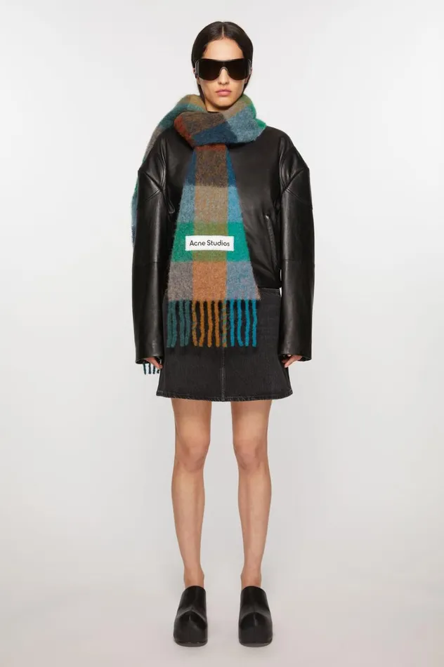 Acne Studios Mohair Checked Scarf Turquoisecamelblue Men Scarves