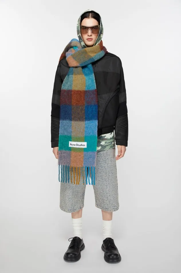 Acne Studios Mohair Checked Scarf Turquoisecamelblue Men Scarves