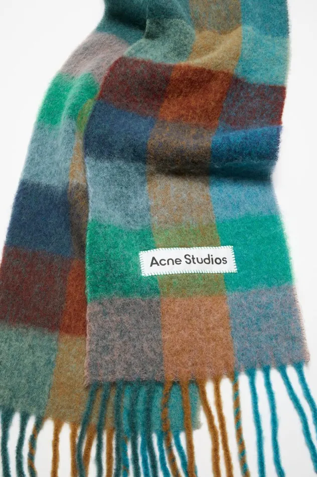 Acne Studios Mohair Checked Scarf Turquoisecamelblue Men Scarves