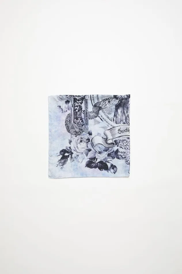 Acne Studios Printed Silk Scarf Denim Blue Men Scarves