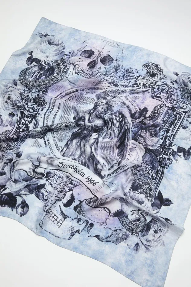 Acne Studios Printed Silk Scarf Denim Blue Men Scarves