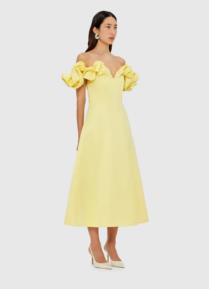 Annie Off Shoulder Frill Midi Dress 8211 Sorbet Yellow Dresses and Jumpsuits LEO LIN Women