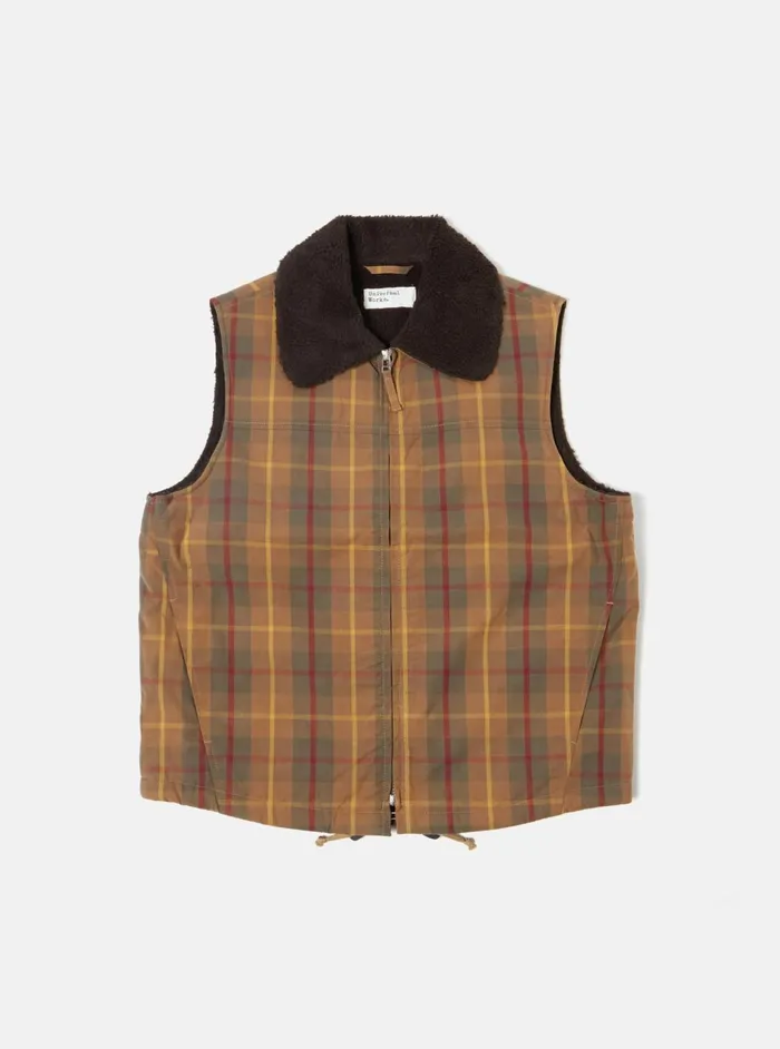 Atlas Gilet In Cinnamon British Drywax Check Men Universal Works Waistcoats and Gilets
