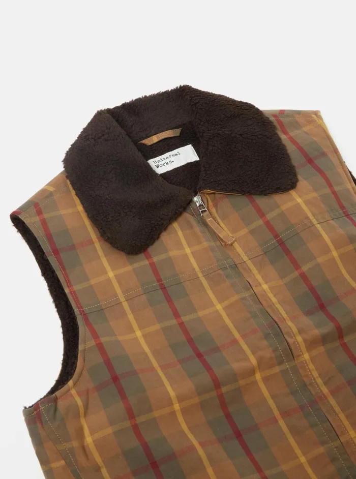 Atlas Gilet In Cinnamon British Drywax Check Men Universal Works Waistcoats and Gilets