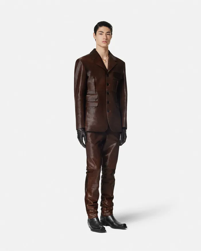 Blazers and Suits Men Versace PonyEffect Leather Pants Brown