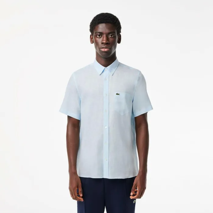 Button Down Shirts Men Lacoste Mens Short Sleeve Linen Shirt Light Blue T01