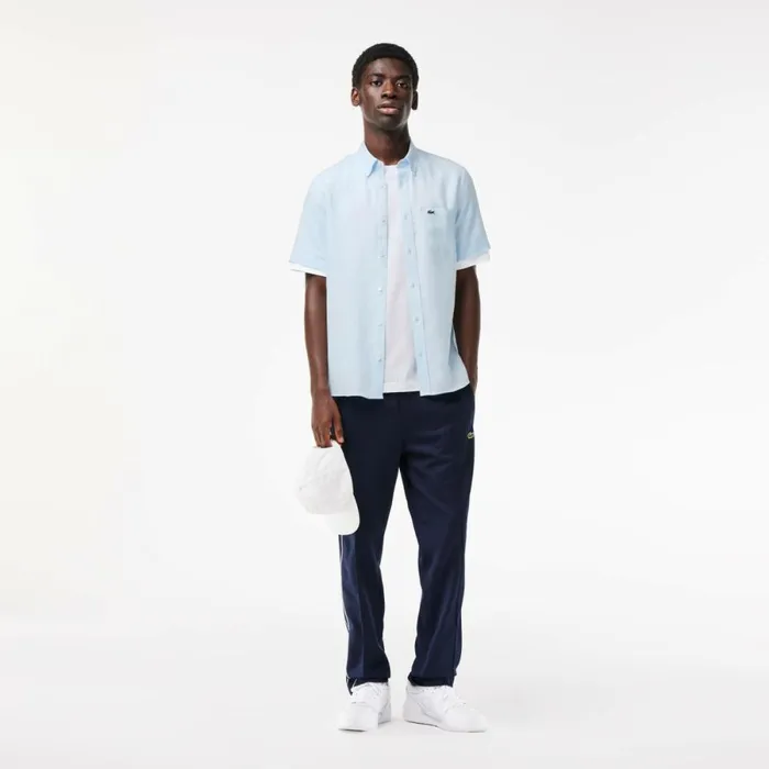 Button Down Shirts Men Lacoste Mens Short Sleeve Linen Shirt Light Blue T01