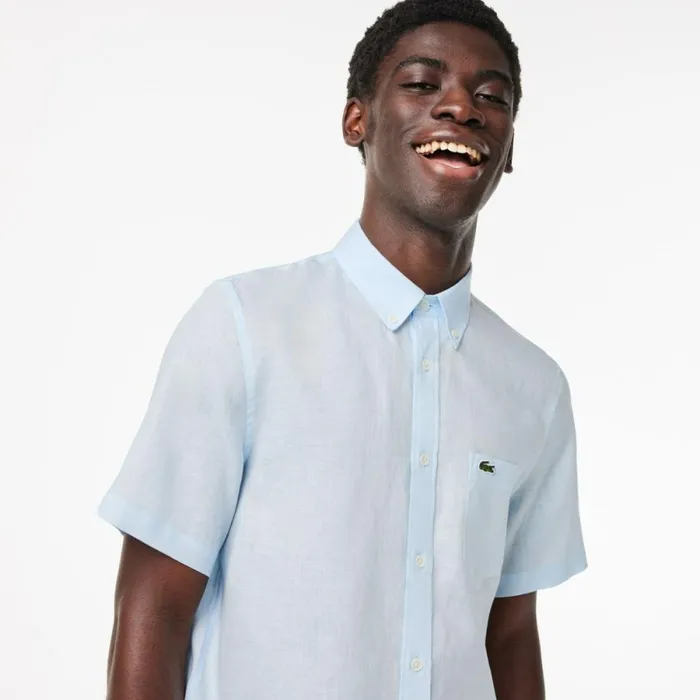 Button Down Shirts Men Lacoste Mens Short Sleeve Linen Shirt Light Blue T01