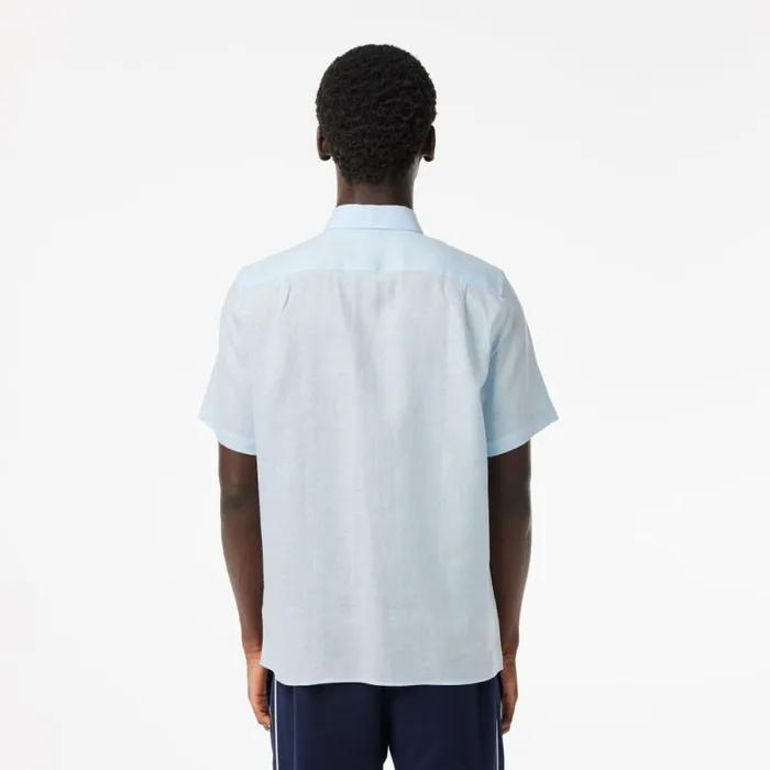 Button Down Shirts Men Lacoste Mens Short Sleeve Linen Shirt Light Blue T01