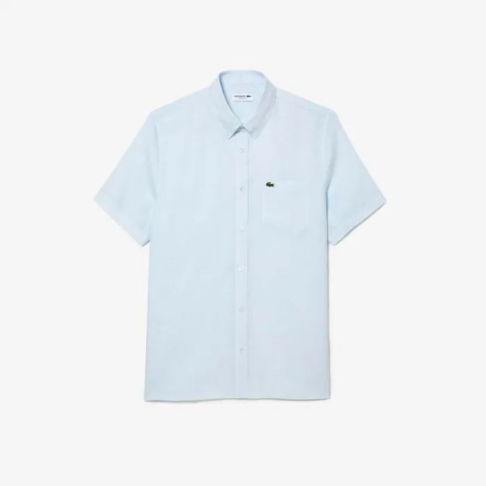 Button Down Shirts Men Lacoste Mens Short Sleeve Linen Shirt Light Blue T01