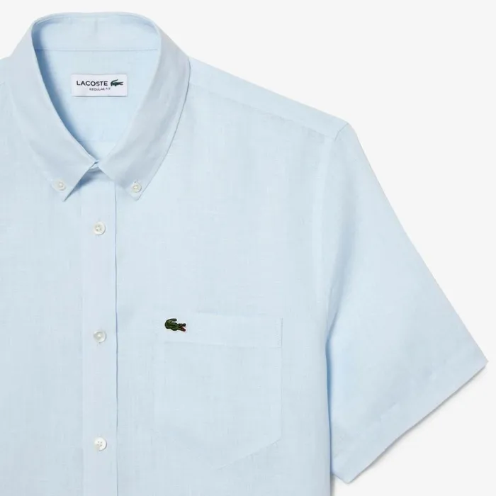 Button Down Shirts Men Lacoste Mens Short Sleeve Linen Shirt Light Blue T01