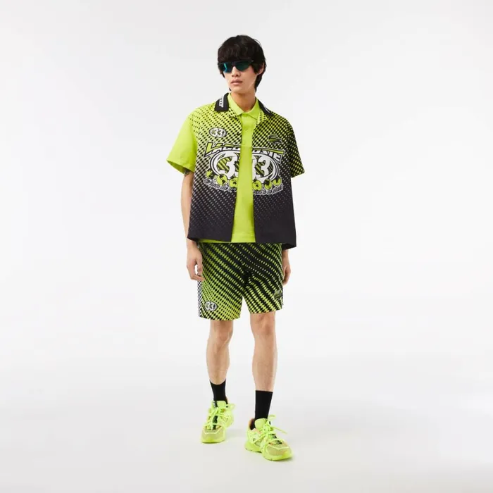 Button Down Shirts Men Lacoste Mens Short Sleeve Ombr Checkerboard Print Shirt Yellow Black G65