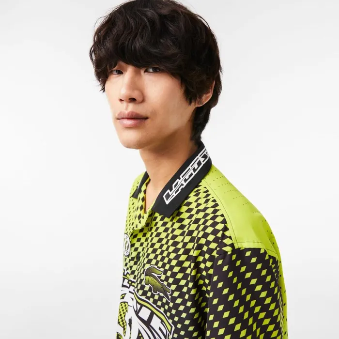 Button Down Shirts Men Lacoste Mens Short Sleeve Ombr Checkerboard Print Shirt Yellow Black G65