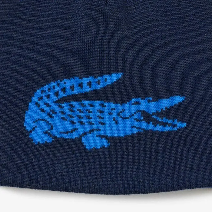Caps and Hats MenWomen Lacoste Unisex Contrast Crocodile Reversible Beanie Navy Blue Blue Kdi