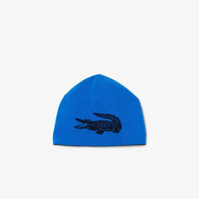 Caps and Hats MenWomen Lacoste Unisex Contrast Crocodile Reversible Beanie Navy Blue Blue Kdi