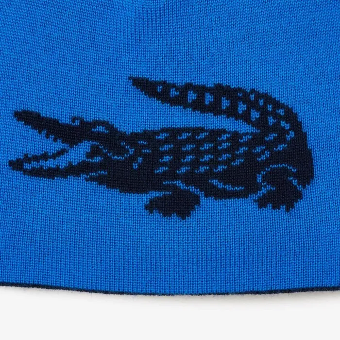Caps and Hats MenWomen Lacoste Unisex Contrast Crocodile Reversible Beanie Navy Blue Blue Kdi