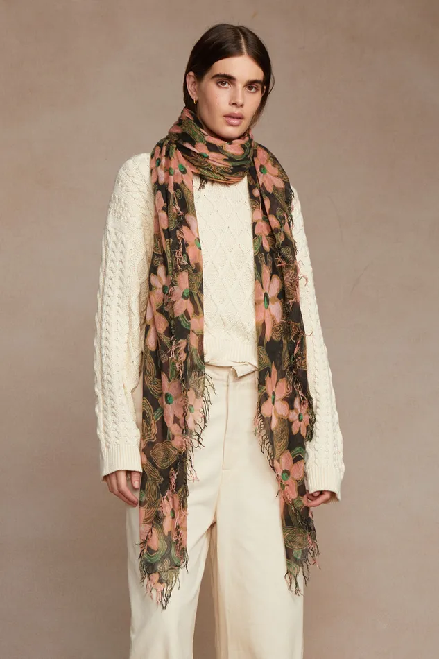 Chan Luu Scarves Cashmere And Silk Scarf Vibrant Green Meadow Floral 8211 Women