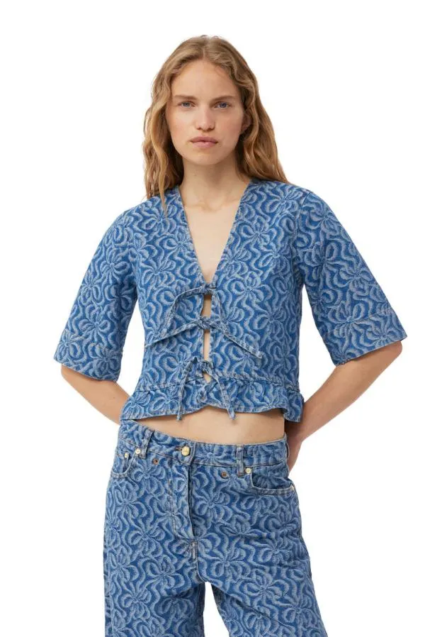 Clothing GANNI CoOrds Blue Jacquard Denim Flounce Tie Blouse Mid Blue Stone