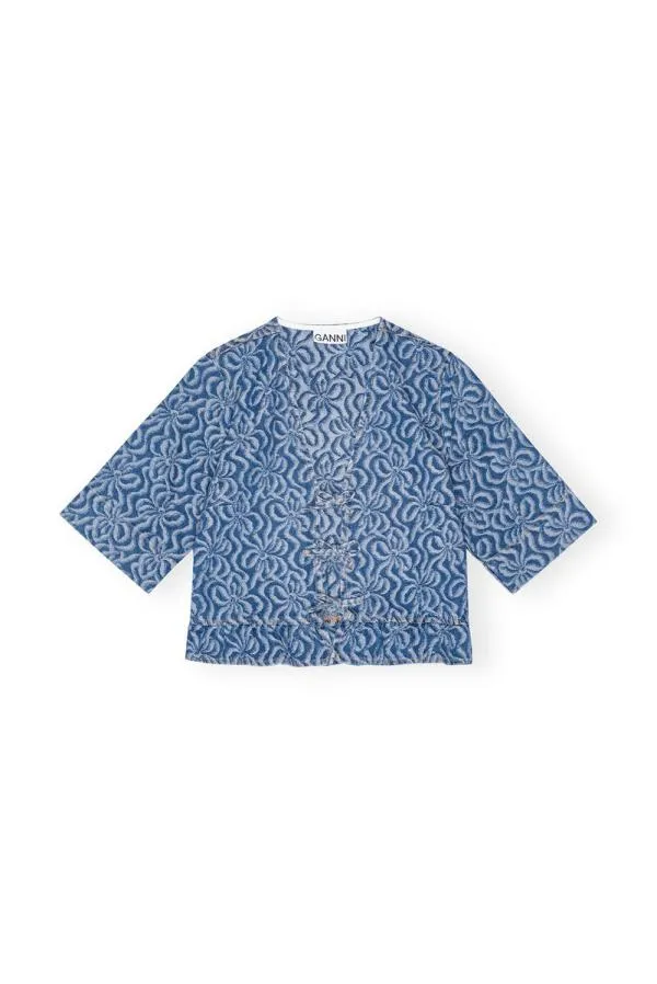 Clothing GANNI CoOrds Blue Jacquard Denim Flounce Tie Blouse Mid Blue Stone