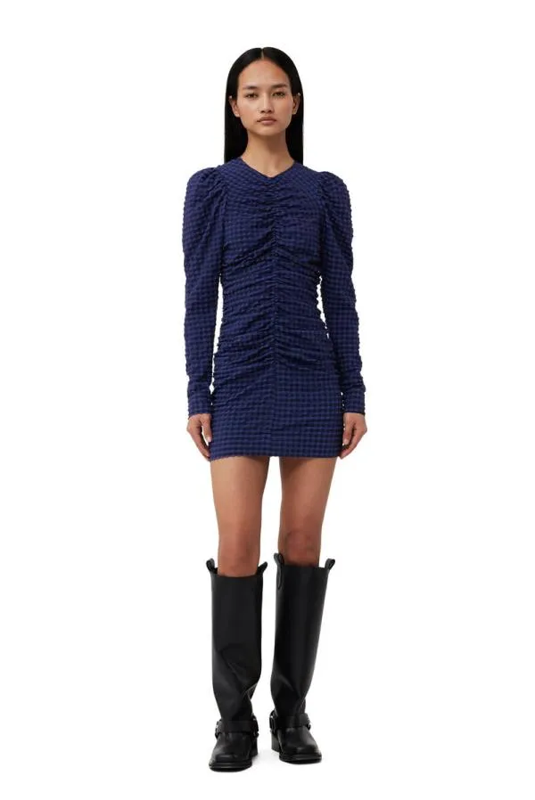 Clothing GANNI Dresses Blue Checkered Seersucker ONeck Mini Dress Deep Cobalt