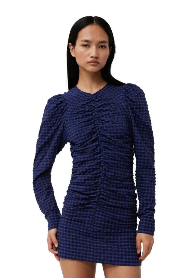 Clothing GANNI Dresses Blue Checkered Seersucker ONeck Mini Dress Deep Cobalt Clothing GANNI Dresses Blue Checkered Seersucker ONeck Mini Dress Deep Cobalt