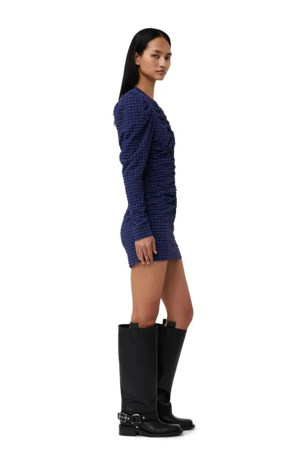 Clothing GANNI Dresses Blue Checkered Seersucker ONeck Mini Dress Deep Cobalt Clothing GANNI Dresses Blue Checkered Seersucker ONeck Mini Dress Deep Cobalt