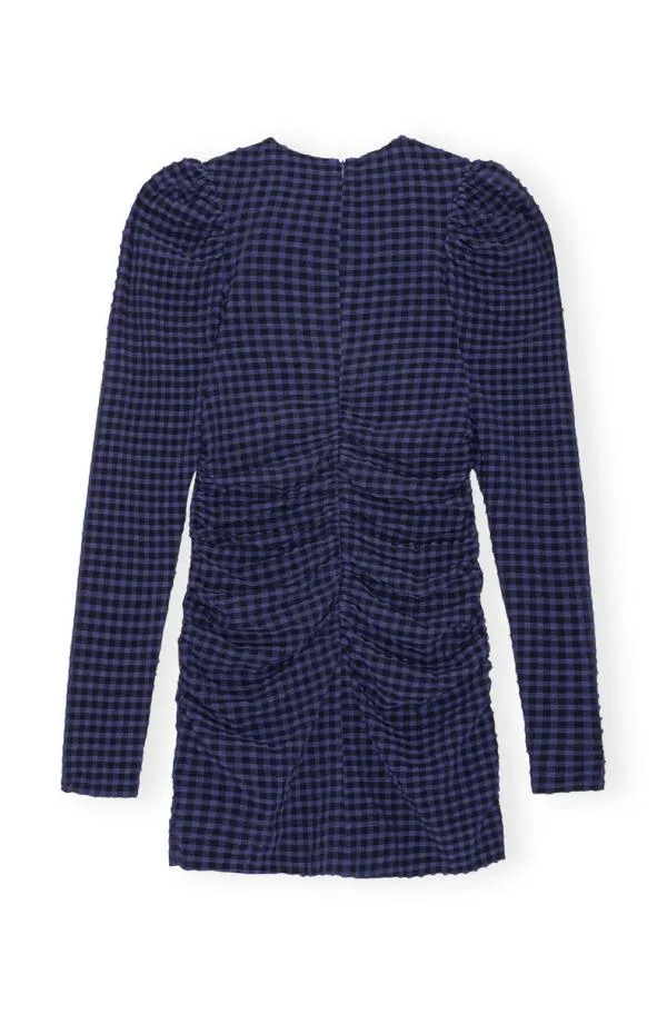 Clothing GANNI Dresses Blue Checkered Seersucker ONeck Mini Dress Deep Cobalt Clothing GANNI Dresses Blue Checkered Seersucker ONeck Mini Dress Deep Cobalt