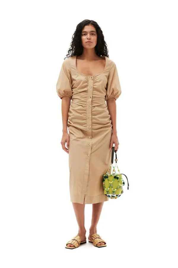 Clothing GANNI Dresses Cotton Poplin Gathered Openneck Maxi Dress Curds And Whey