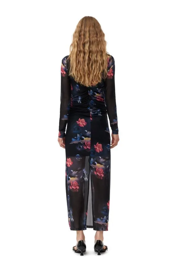 Clothing GANNI Dresses Printed Mesh Oneck Ruched Long Dress Black Clothing GANNI Dresses Printed Mesh Oneck Ruched Long Dress Black