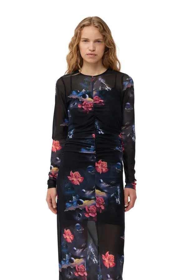 Clothing GANNI Dresses Printed Mesh Oneck Ruched Long Dress Black Clothing GANNI Dresses Printed Mesh Oneck Ruched Long Dress Black