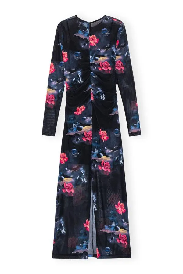 Clothing GANNI Dresses Printed Mesh Oneck Ruched Long Dress Black Clothing GANNI Dresses Printed Mesh Oneck Ruched Long Dress Black