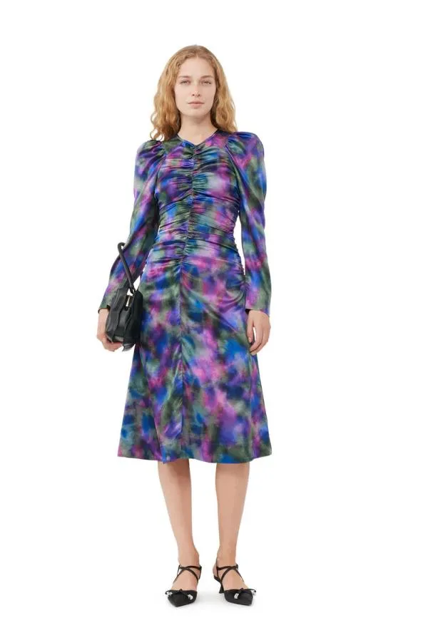Clothing GANNI Dresses Purple Silk Satin ONeck Midi Dress Simply Purple