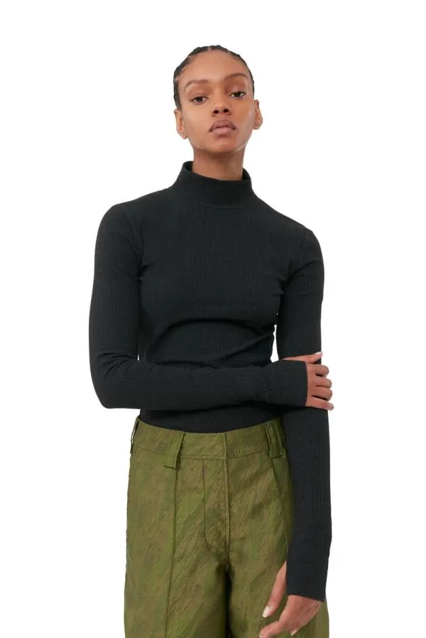 Clothing GANNI Extended Sizes Black Rib Jersey Open Back Rollneck Paloma Melange Clothing GANNI Extended Sizes Black Rib Jersey Open Back Rollneck Paloma Melange