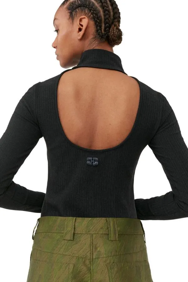 Clothing GANNI Extended Sizes Black Rib Jersey Open Back Rollneck Paloma Melange Clothing GANNI Extended Sizes Black Rib Jersey Open Back Rollneck Paloma Melange