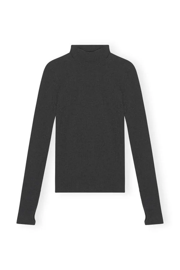 Clothing GANNI Extended Sizes Black Rib Jersey Open Back Rollneck Paloma Melange Clothing GANNI Extended Sizes Black Rib Jersey Open Back Rollneck Paloma Melange