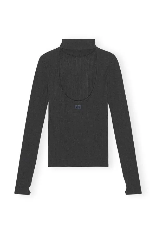 Clothing GANNI Extended Sizes Black Rib Jersey Open Back Rollneck Paloma Melange Clothing GANNI Extended Sizes Black Rib Jersey Open Back Rollneck Paloma Melange