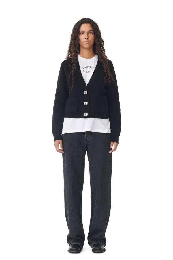 Clothing GANNI Extended Sizes Black Soft Wool Cardigan Black Clothing GANNI Extended Sizes Black Soft Wool Cardigan Black